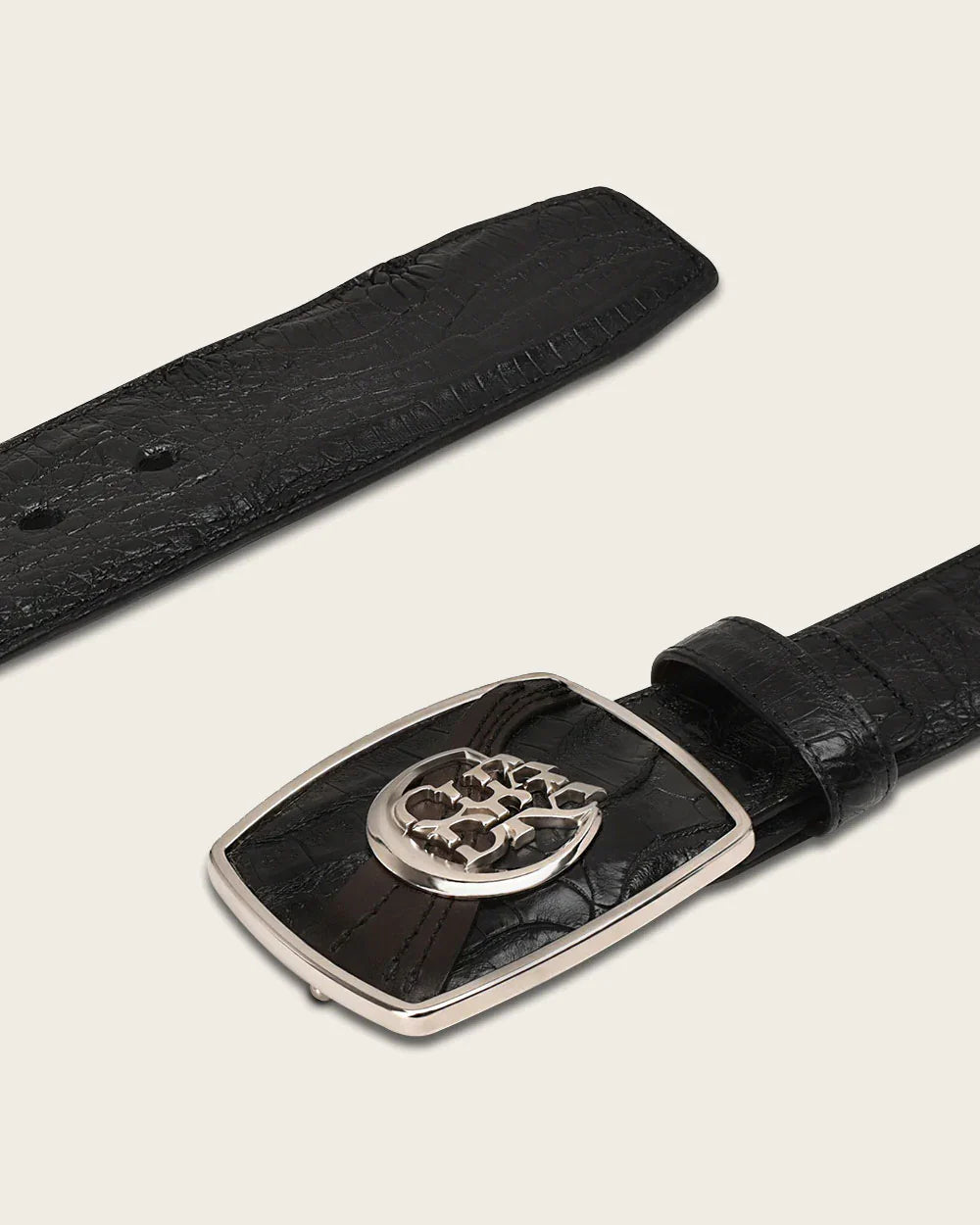 BC309 MN BLACK CAIMAN/COWHIDE EXOTIC STRIP BELT