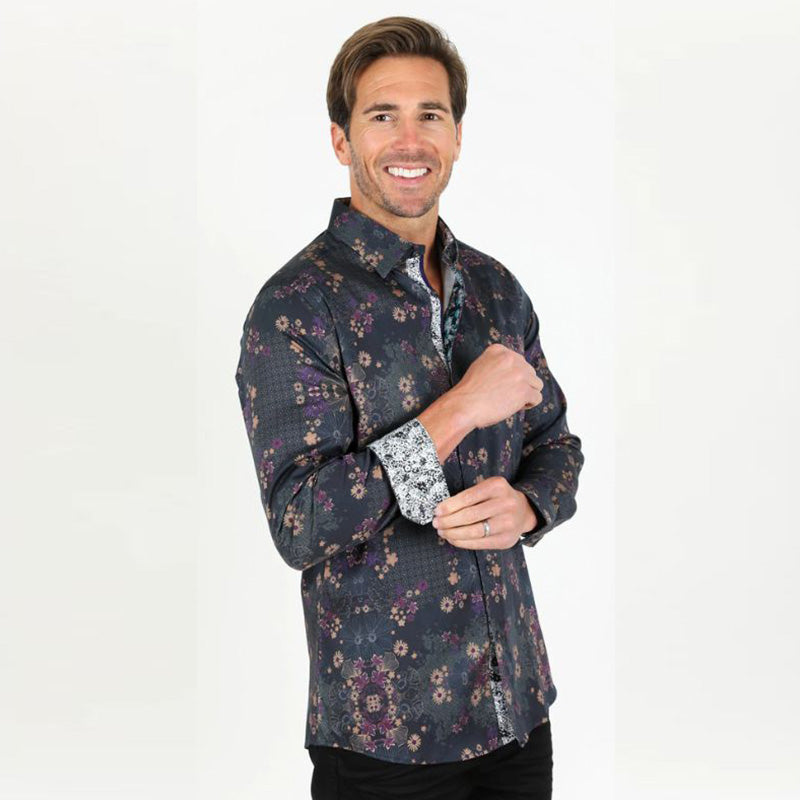 Floral Print Satin Black Shirt TKL9352