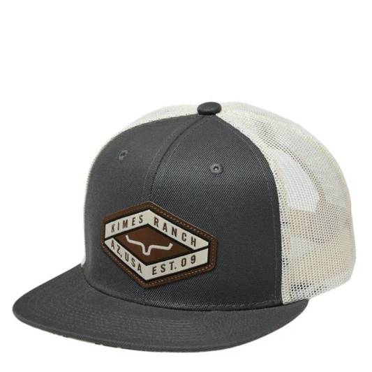 Front angled view of a gray Kimes Ranch cap with a beige logo patch.