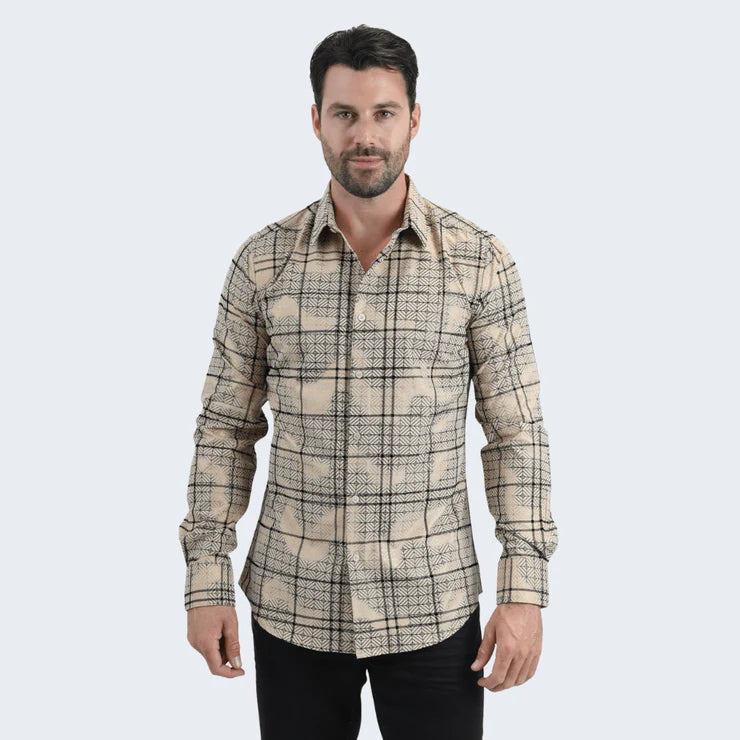 Flocked Modern Fit Spandex Beige Shirt MFL11187