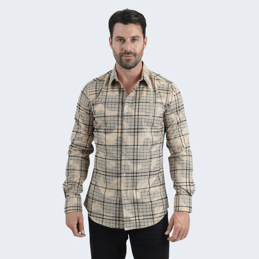 Flocked Modern Fit Spandex Beige Shirt MFL11187