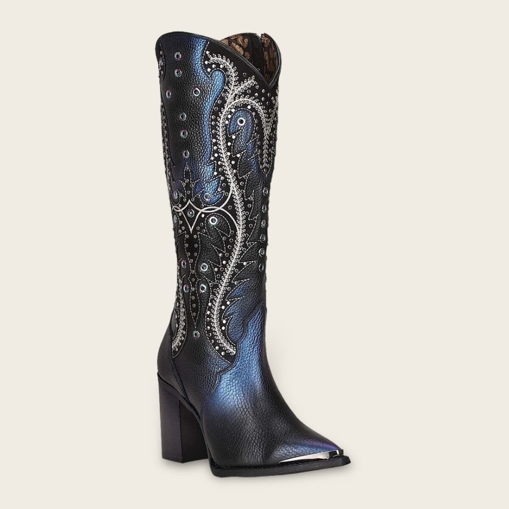 Elegant tall black leather boot with silver studs and intricate embroidery.