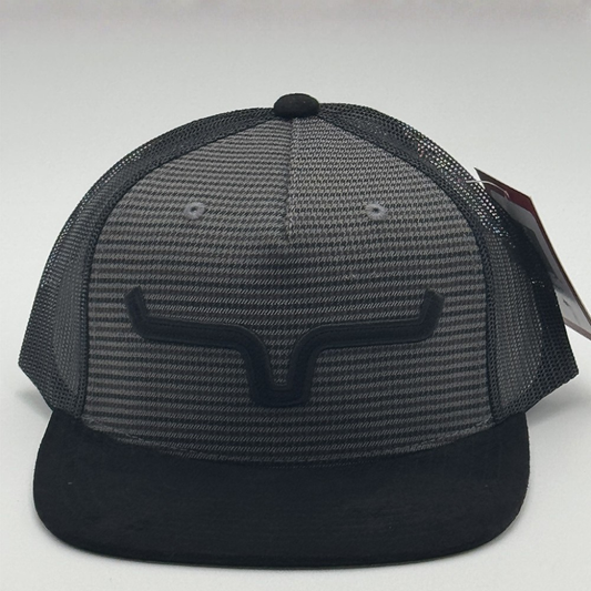 Front view of a gray and black Kimes Ranch cap with a flat brim.