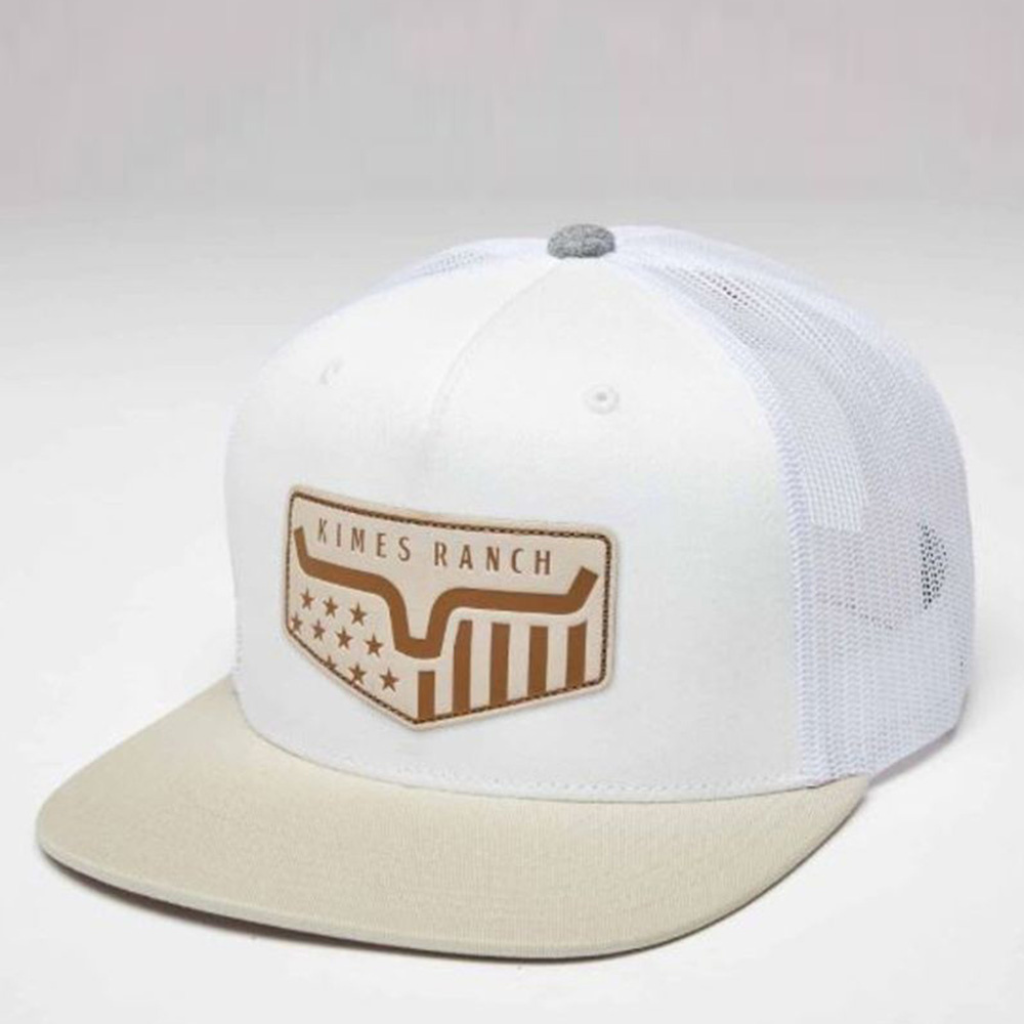 Front angled view of a white Kimes Ranch cap with a beige brim.