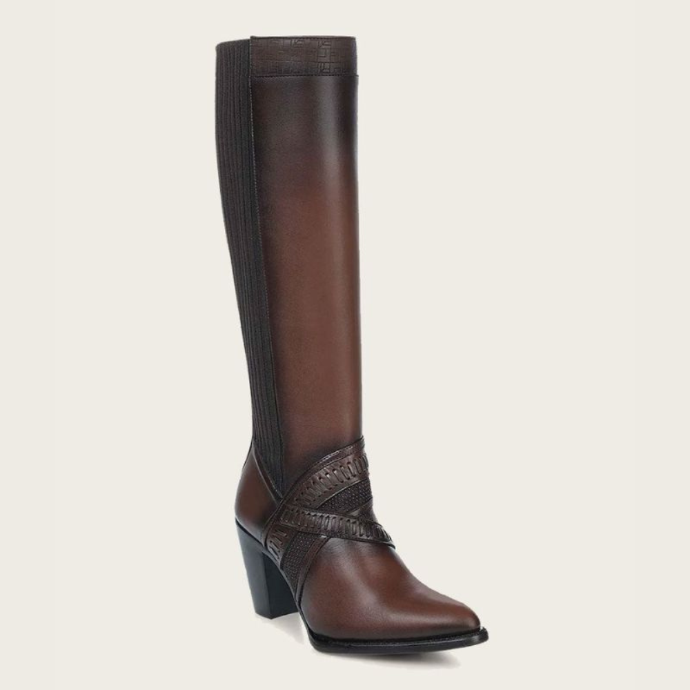 Elegant tall brown leather boot with pointed toe and mid-heel design.