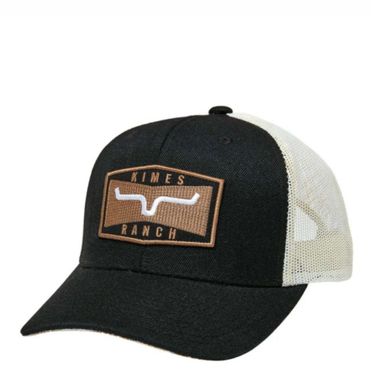 Front view of a black and beige Kimes Ranch cap with a brown patch.