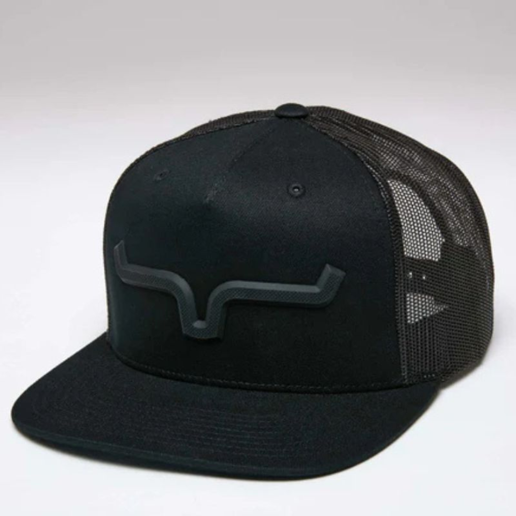 Front angled view of a black Kimes Ranch cap with a raised logo patch.