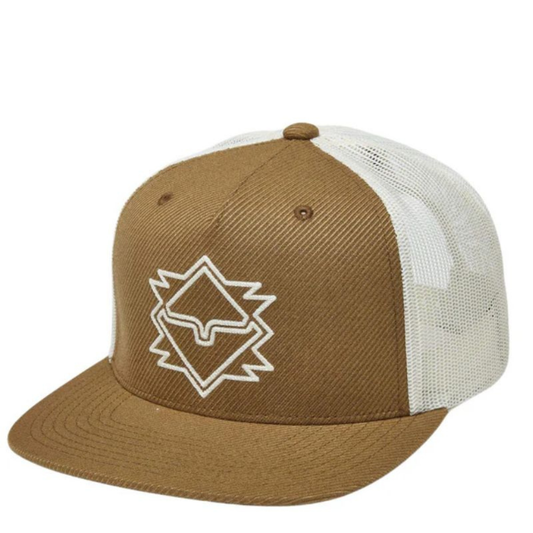 Front angled view of a brown Kimes Ranch cap with a white embroidered logo and mesh back.