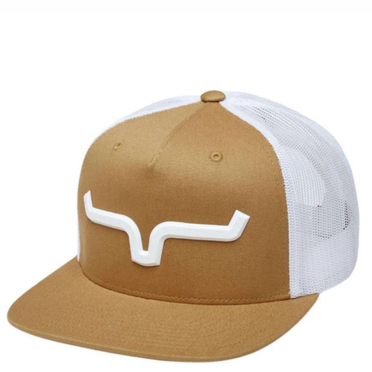 Front angled view of a brown and white trucker cap with a bold white bullhorn.
