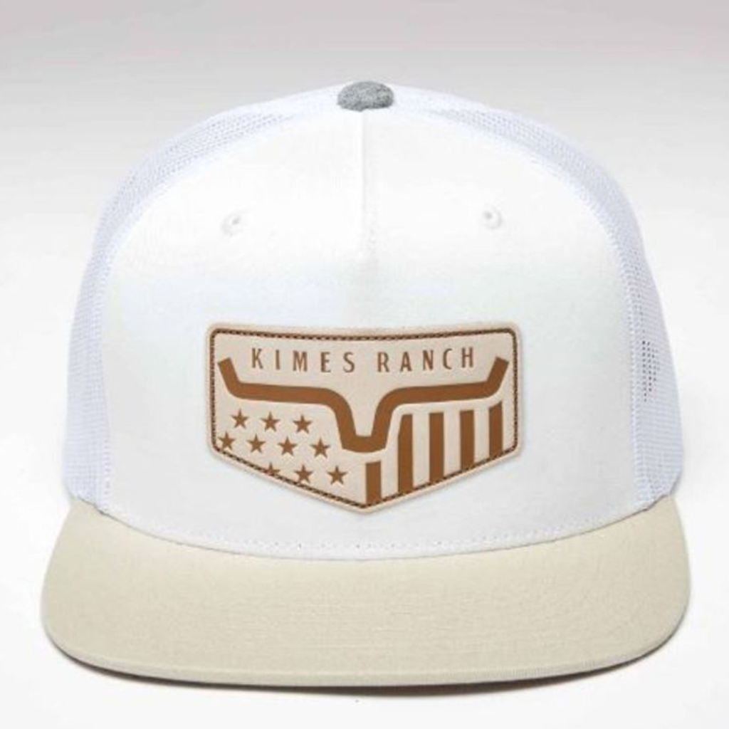 Centered front view showing the flat brim and leather patch design.