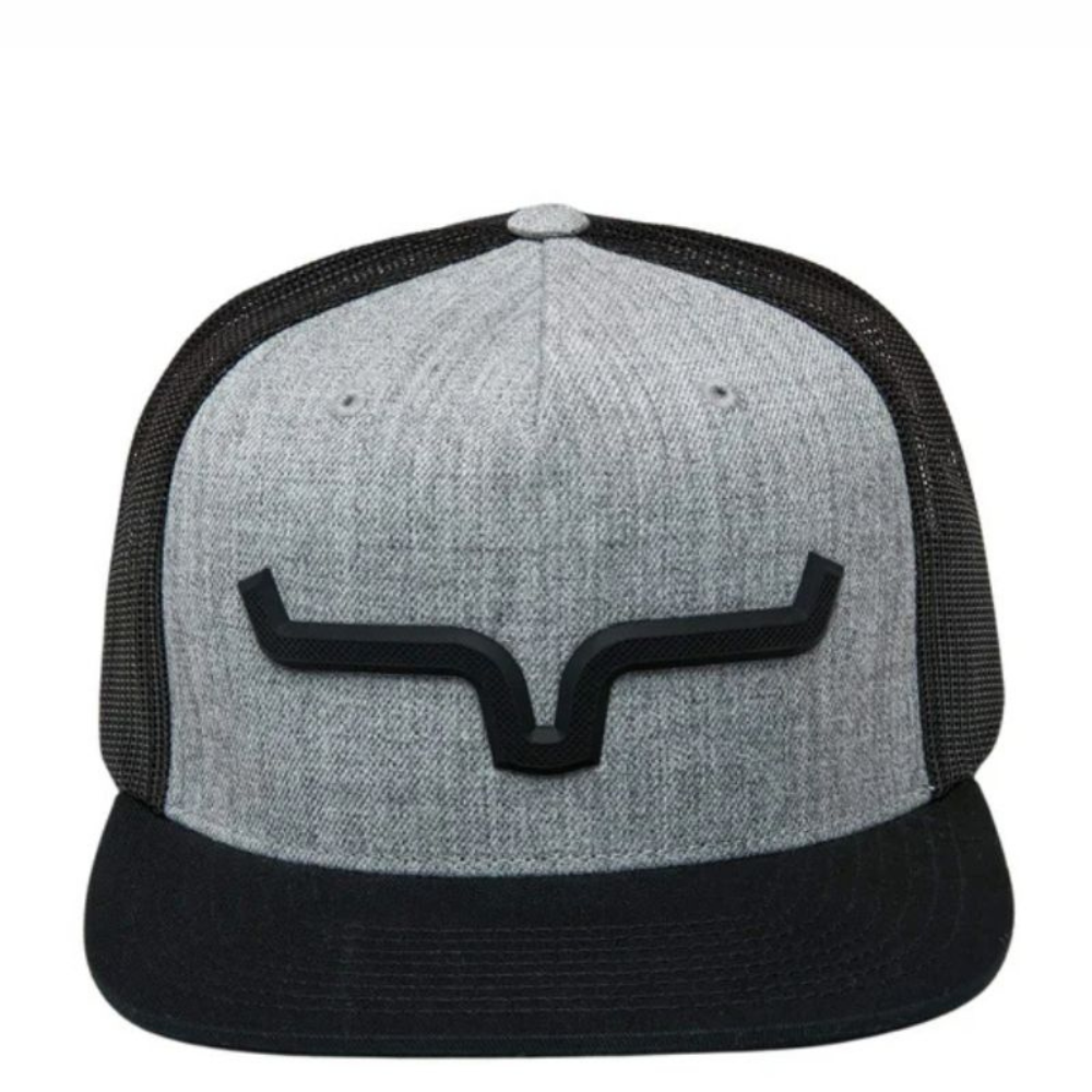 Front view of a gray and black trucker cap featuring a bold raised bullhorn.