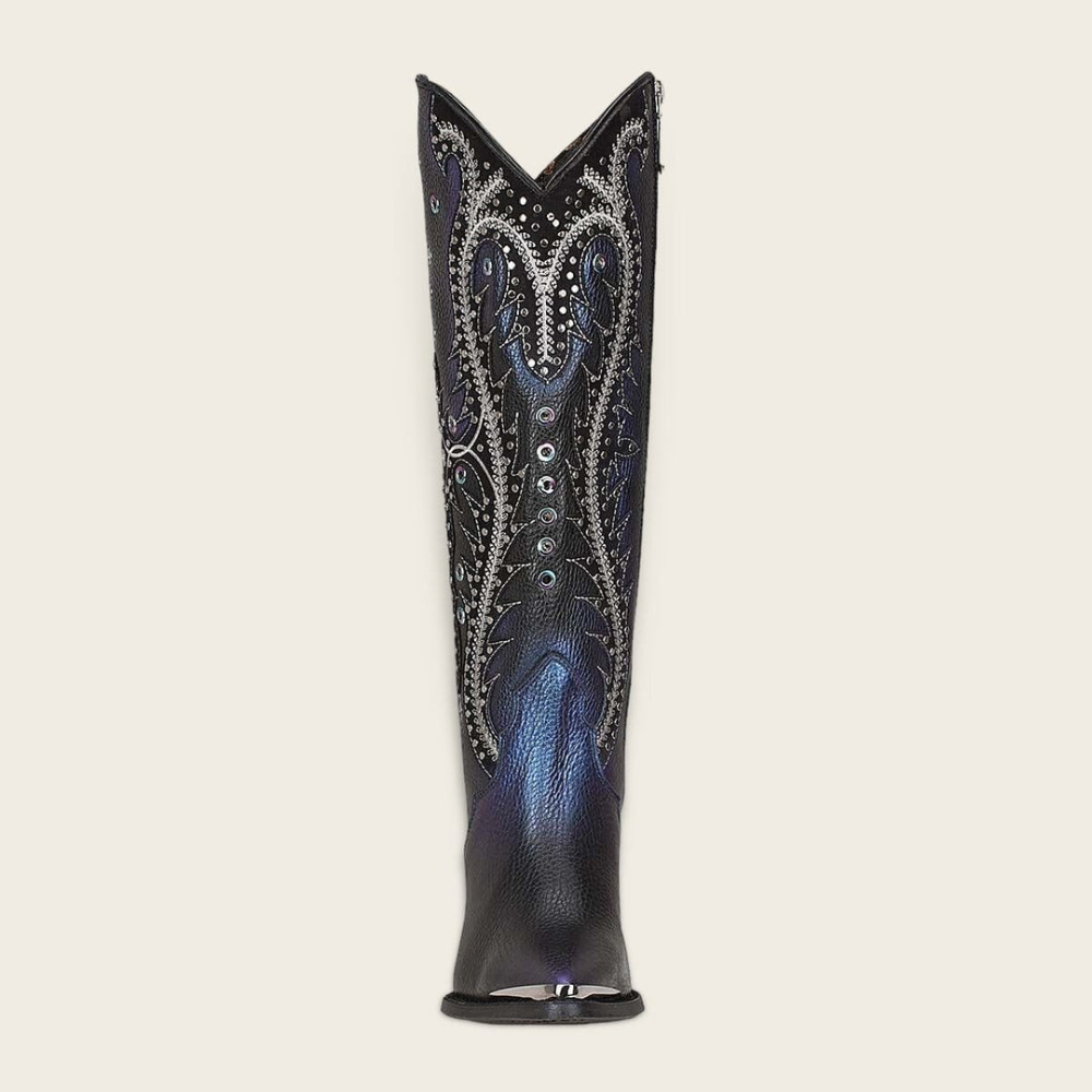 Pointed toe and sleek front design with metal tip.