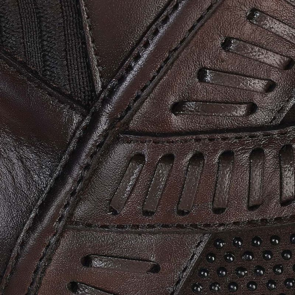 Detailed shot of the cross-strap leather texture and fine stitching.