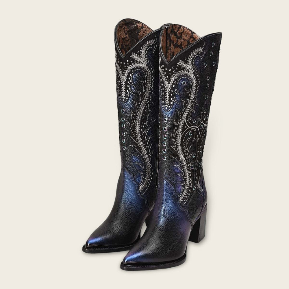 Pair of tall leather boots with metallic and stitched details.