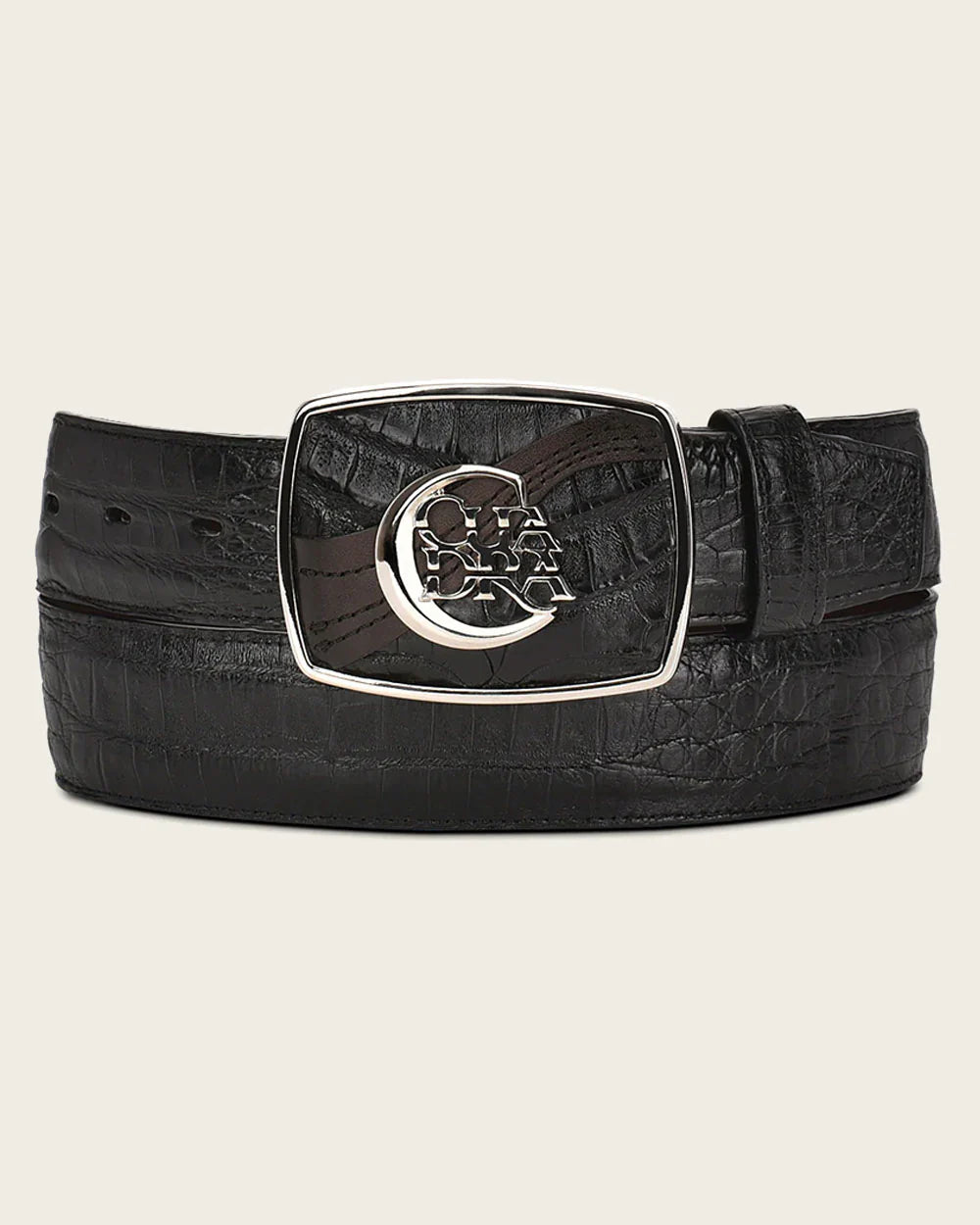 BC309 MN BLACK CAIMAN/COWHIDE EXOTIC STRIP BELT