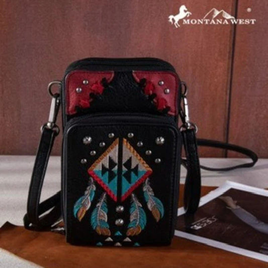 Dark Crossbody Bag with Embroidered Feathers MW1246-183ABK