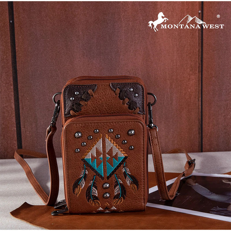 Brown Crossbody Bag with Embroidered Feathers MW1246-183ABR