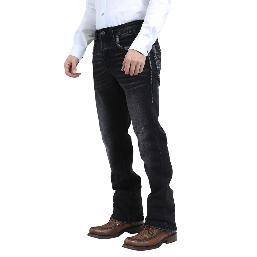 Man wearing black washed jeans with a slim bootcut fit and contrast stitching.
