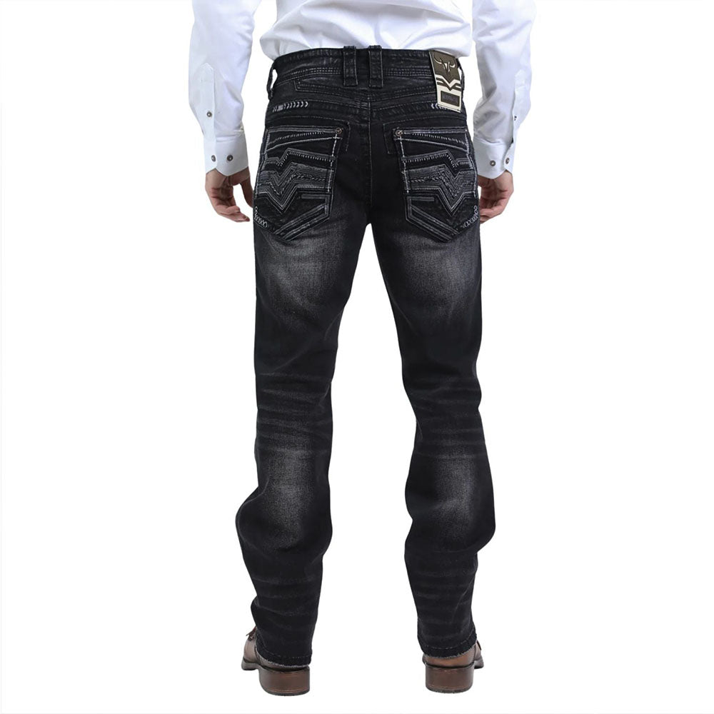 Full back view highlighting the embroidered pockets and modern fit.