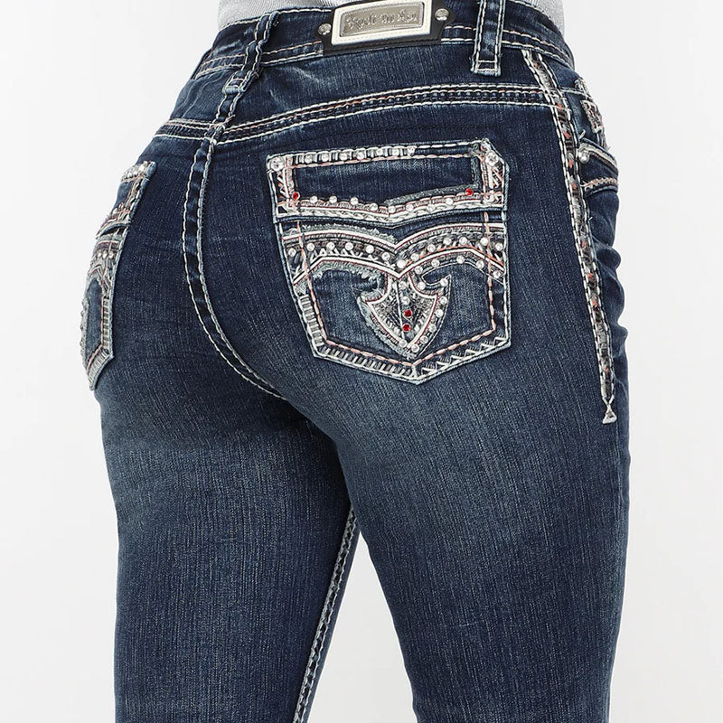 Embellished Mid Rise Bootcut Jeans RA-9308-PB-L33