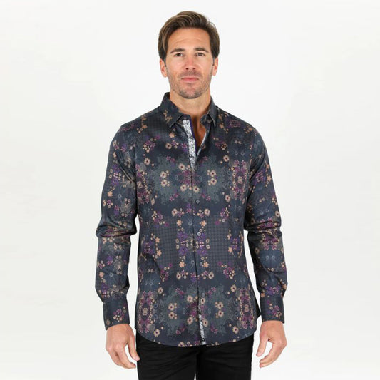 Floral Print Satin Black Shirt TKL9352