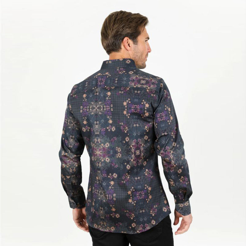 Floral Print Satin Black Shirt TKL9352