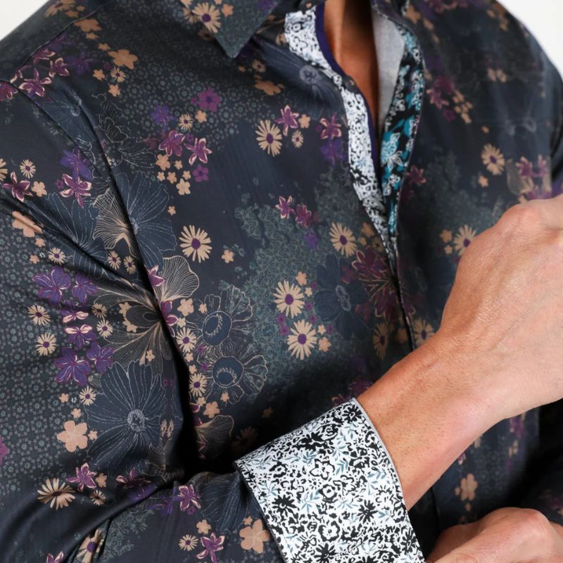 Floral Print Satin Black Shirt TKL9352